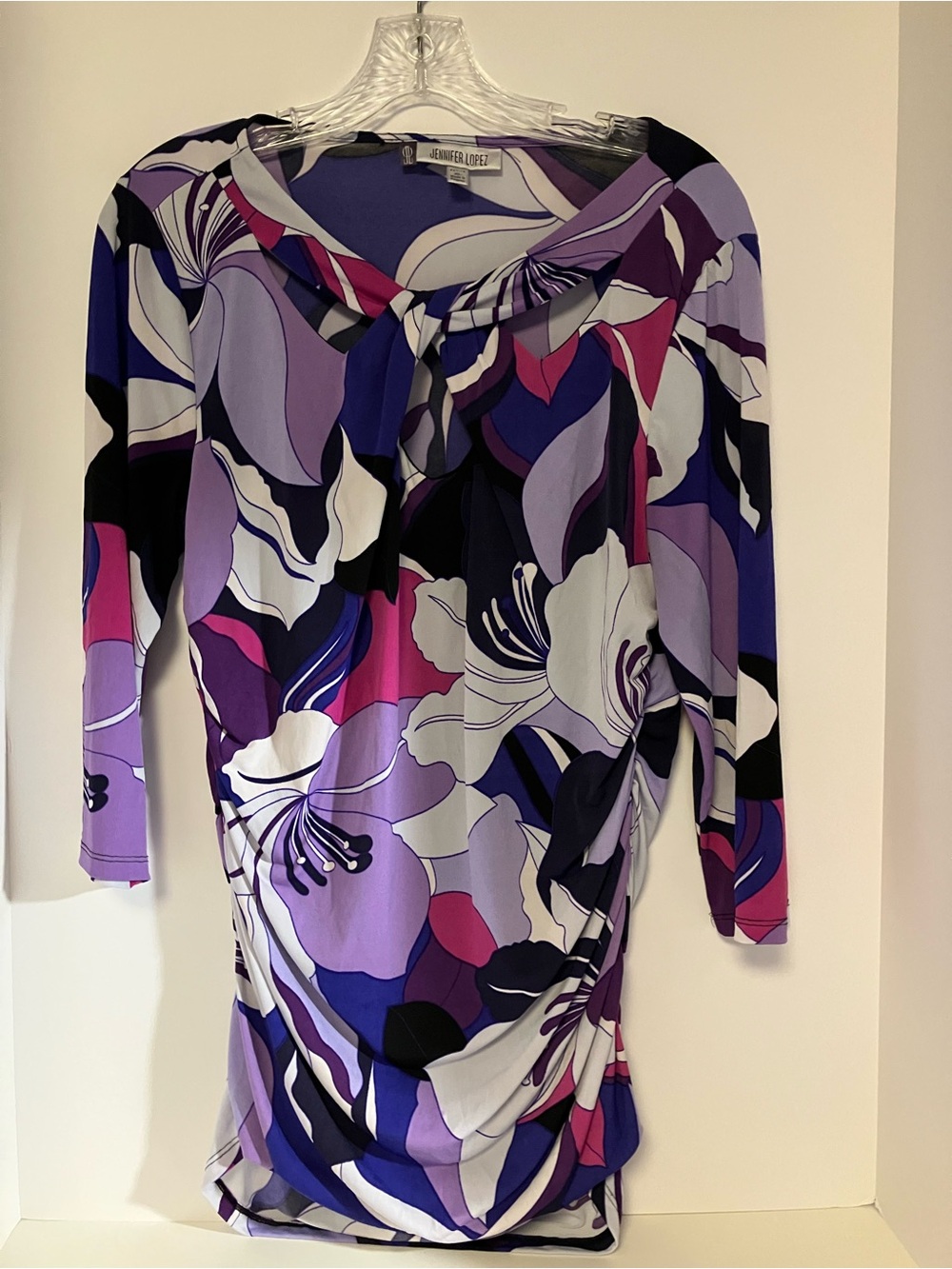 Jennifer Lopez Purple Floral Twist-Front Long Sleeve Dress